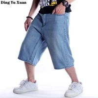 summer men blue denim shorts hip hop loose large size casual knee length short jeans for men skateboard baggy breeches male