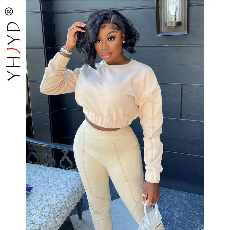 

Спортивные костюмы YHJYD из 2 предметов, женские подходящие комплекты, укороченная толстовка, брюки, леггинсы, Осенний модный спортивный костю...