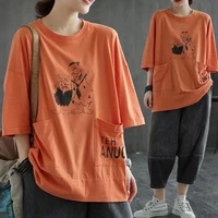 half sleeve t shirt women 2021 summer new korean version loose mid length large size pocket sleeve womens shirt