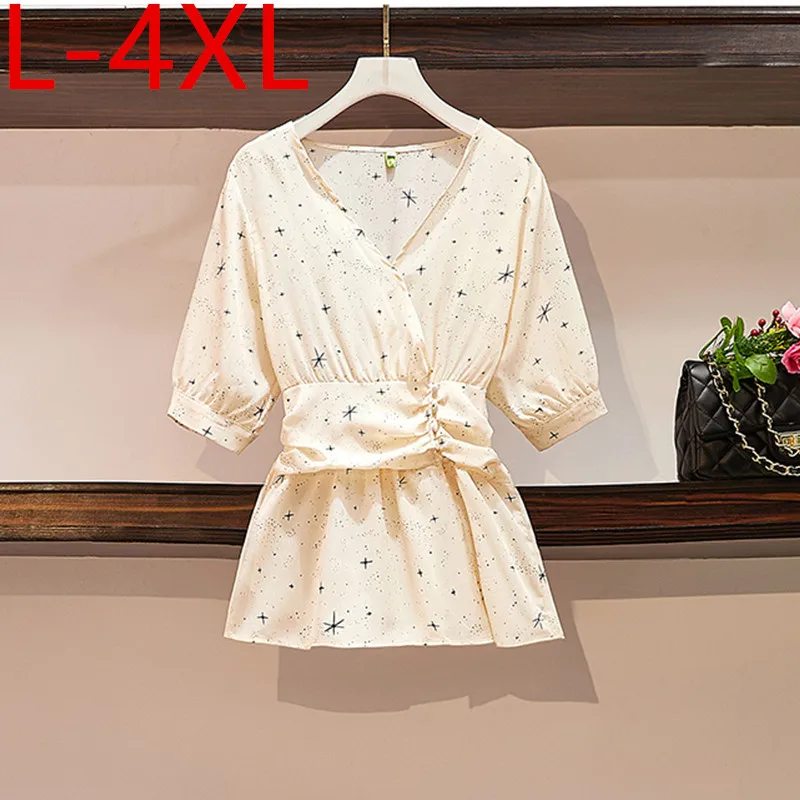 

L-4XL Plus Size Fashion Women's Short Sleeves Summer V-Neck Chiffon Shirt Blouses Female Elastic Waist Shirts Ladies Sweety Tops