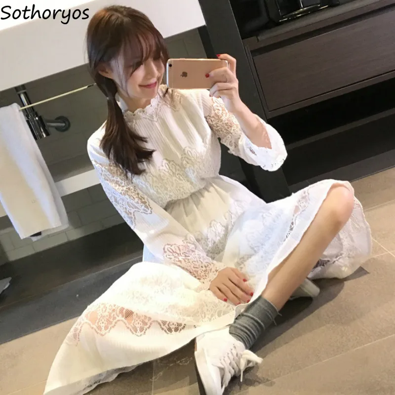 

Женское кружевное платье Ulzzang, длинное прозрачное платье с воротником-стойкой для отдыха и отдыха