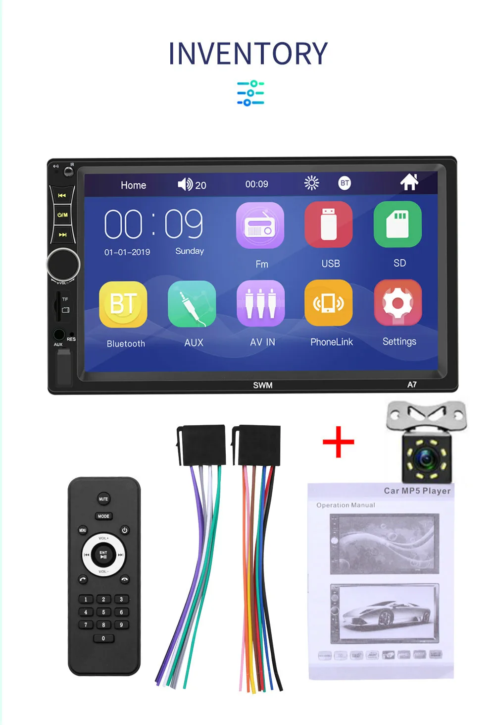 SWM A7 двойной 2 DIN стерео 7 дюймов сенсорный экран Bluetooth AUX U диск радио в тире головное устройство Авторадио - Цвет: with 8led cam