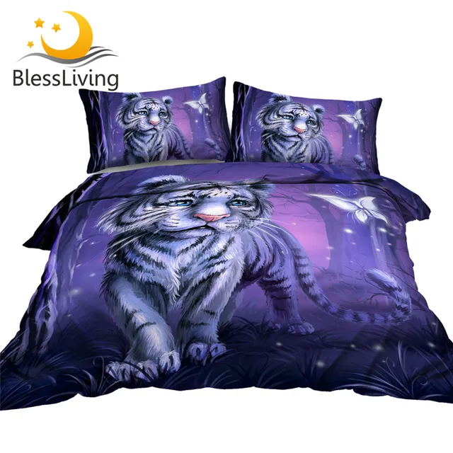 BlessLiving Tiger Baby Bed Set Forest Quilt Cover Purple Home Textiles Watercolor Wild Animal Bedclothes Butterfly Bedding Set 1