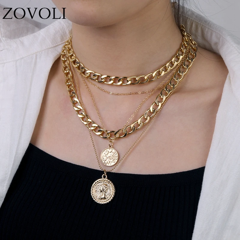 

Женское Ожерелье ZOVOLI, панк, золотая монета с портретом, кубинская многослойная толстая цепочка, чокер, Готическая бижутерия