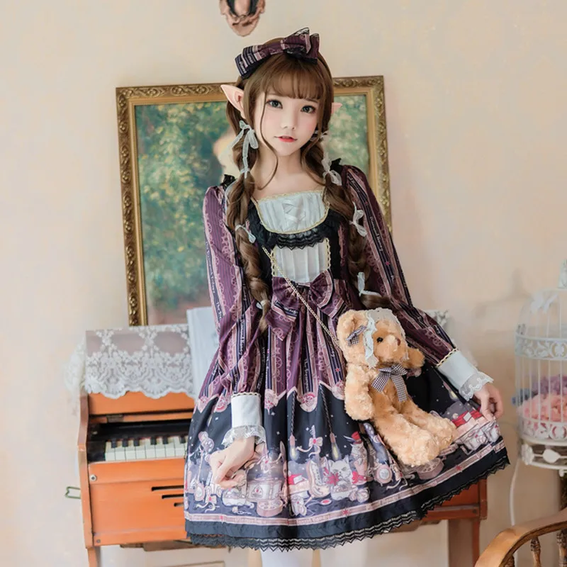 Японское милое платье в стиле Лолиты винтажное кружевное с бантом принцессы