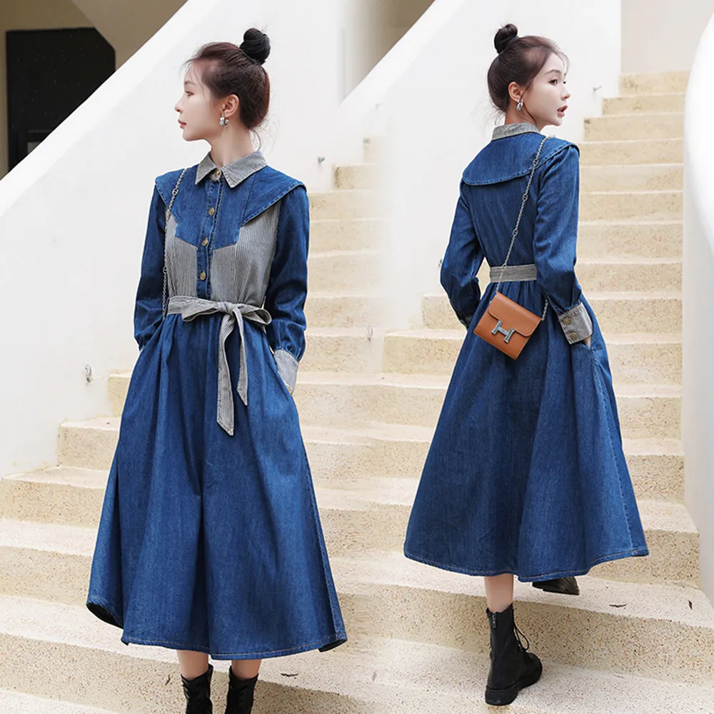 

New Spring Autumn Women Dresses Slim Sashes Casual Turn-Down Collar Striped Patchwork Jeans Pockets For Females Denim One-Piece