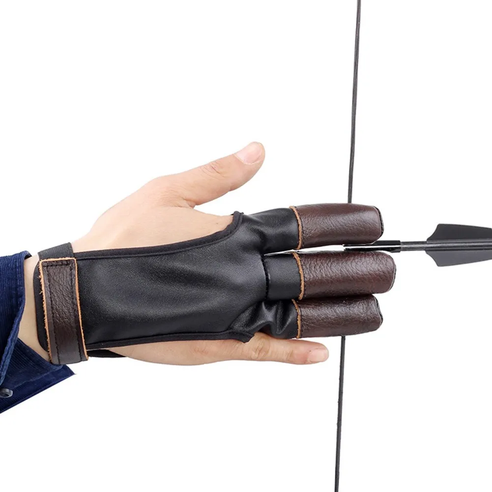 

Protective 3 Fingers Hand Leather Black Brown Guard Glove Safety Archery For Recurve Compound Bow Hunting Crossbow Slingshot