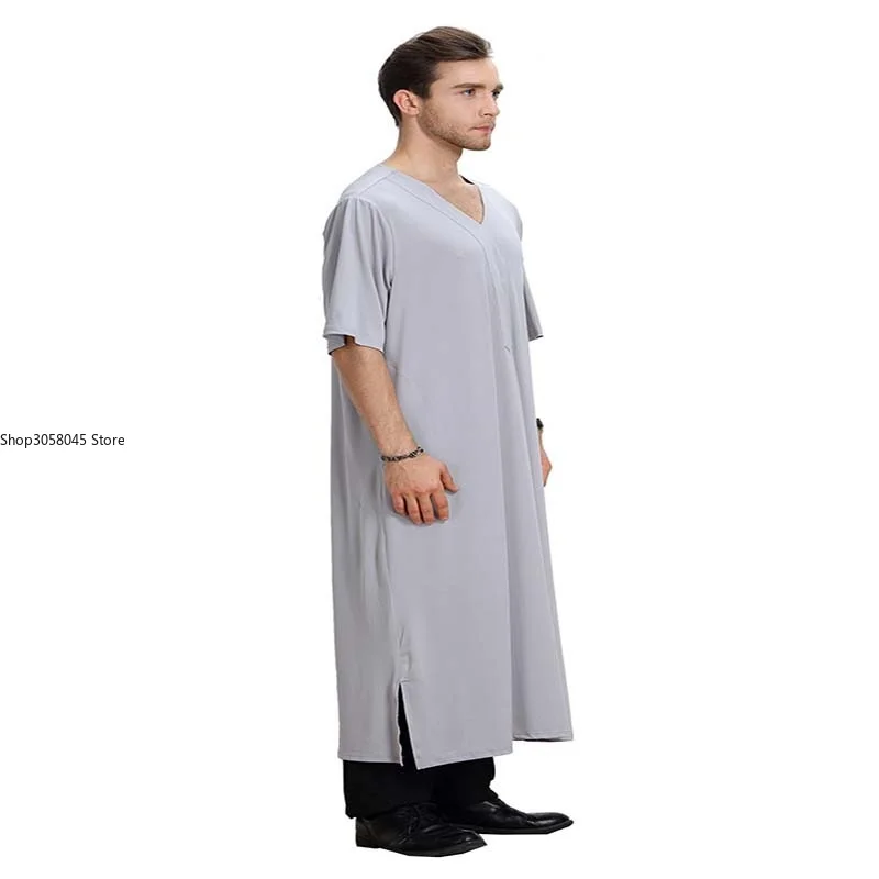 Muslim Clothing Men Short Sleeve V-Neck Robe White Gray Fashion Islamic Thobe Kaftan Jubba