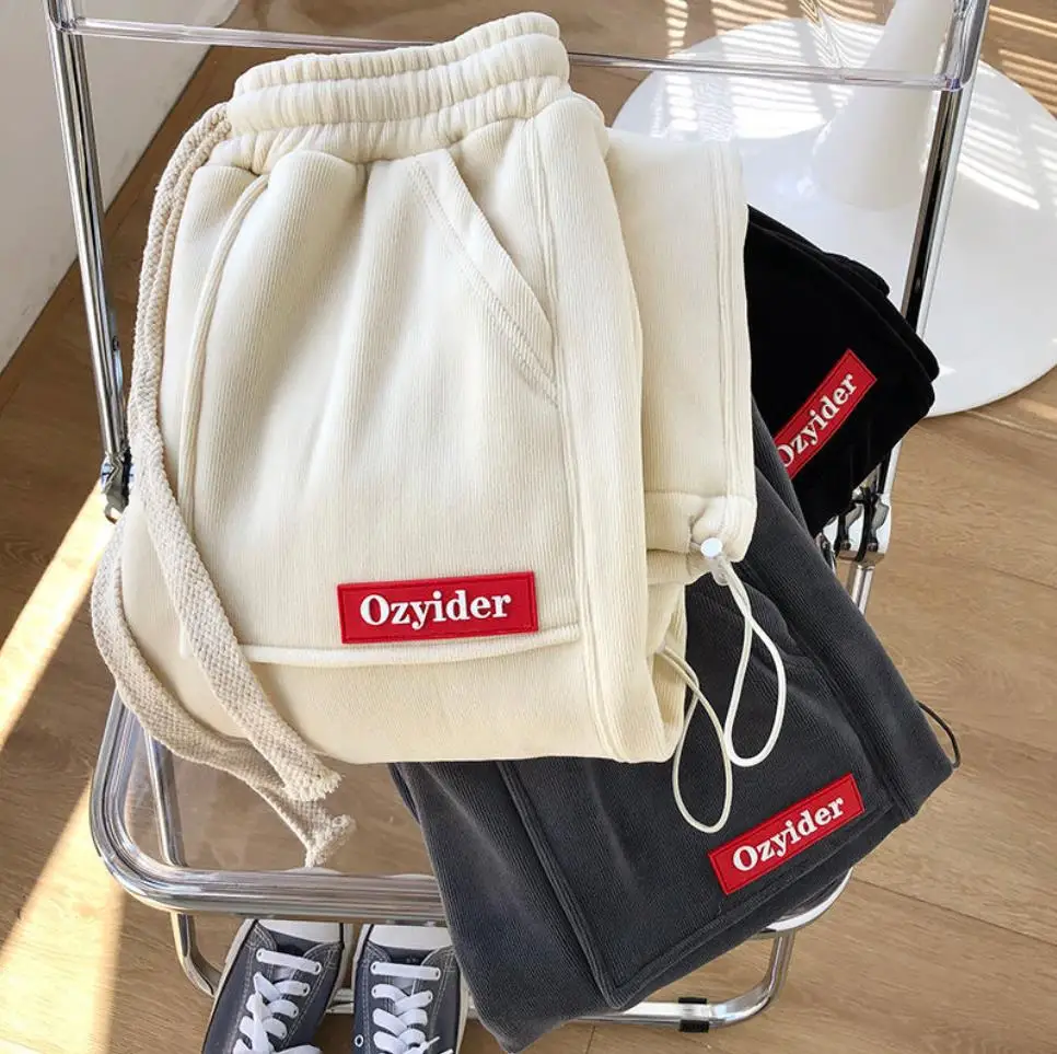 

Мягкие вязаные штаны с маркировкой, плотные бархатные повседневные женские теплые брюки, зимние шаровары с эластичным поясом, свободные бр...