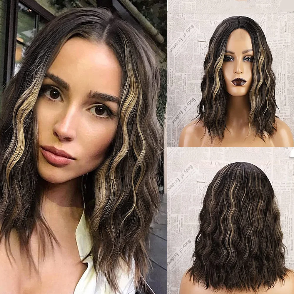 

FGY парик 14 дюймов черный волнистый боб парик для женщин синтетический средней части короткий Боб волнистый вьющийся парик длиной плеч для е...