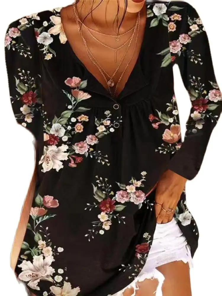

2021 Autumn Women's Clothing The New Printing V-neck Buttons Long Sleeve Jacket T-shirt