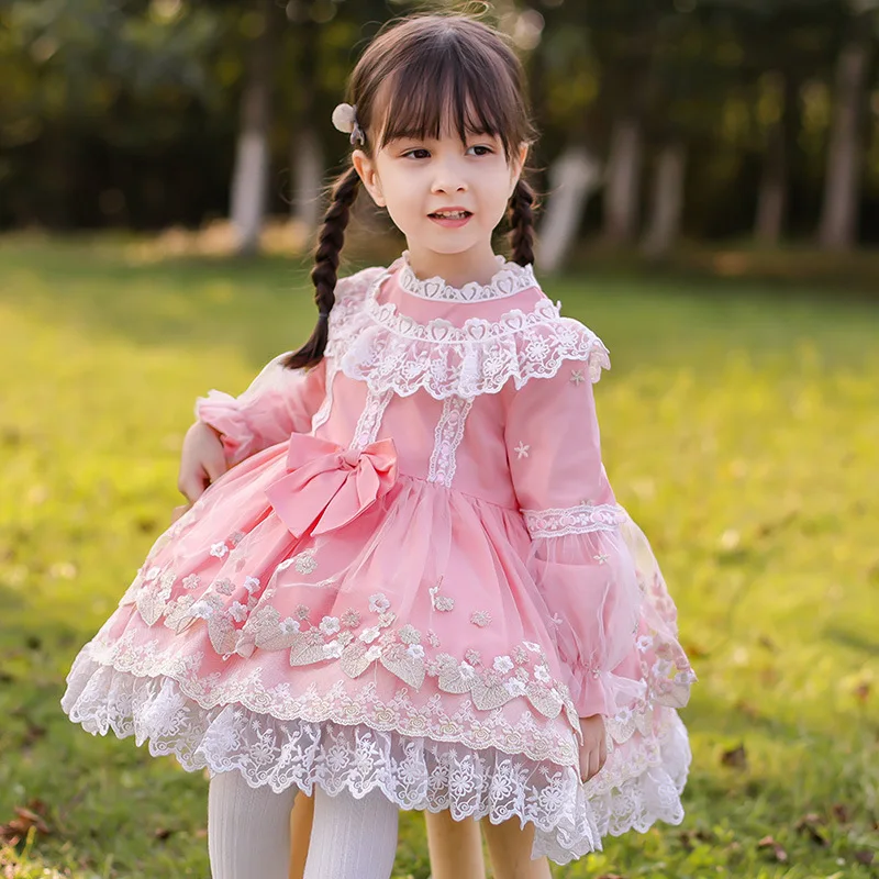 

Lolita Dress Toddler Girl Spanish Pink Embroidery Lace Bow Dresses Long Sleeve Baby Girls Child Ramadan Birthday Party Dresses