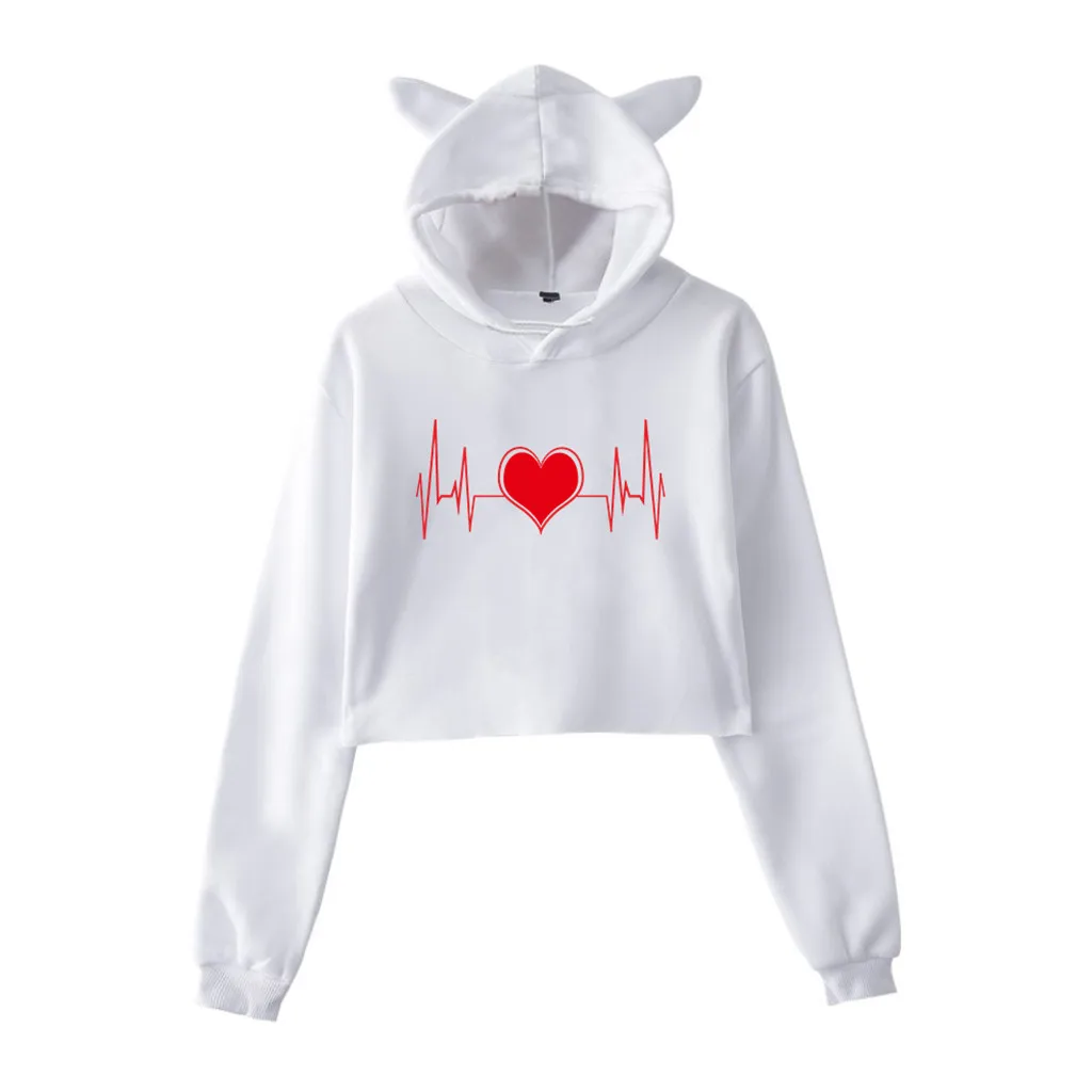 С кошачьими ушками однотонная женская толстовка с длинными рукавами и вышивкой