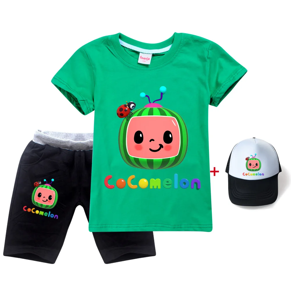 

Cocomelon Summer Cartoon Rainbow Crewmates Man Short Sleeve Tshirt + Pants + Sunhat 3pcs Cocomelon Boys Kids Girls Outfits 2021