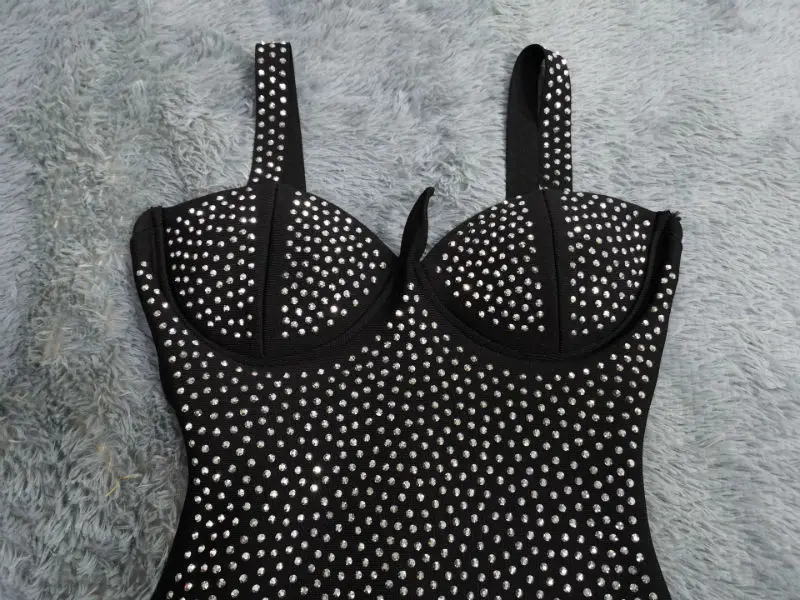 

Elegant sexy women bandage yellow black rayon metal spaghetti strap diamonds lady evening party bodycon dresses