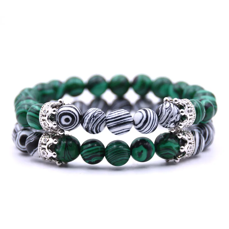 HYHONEY 2pcs/set Couple jewelry Natural stone 8mm Beads Bracelets For Women Pave CZ Crown charm Bracelet Men pulseiras | Украшения и