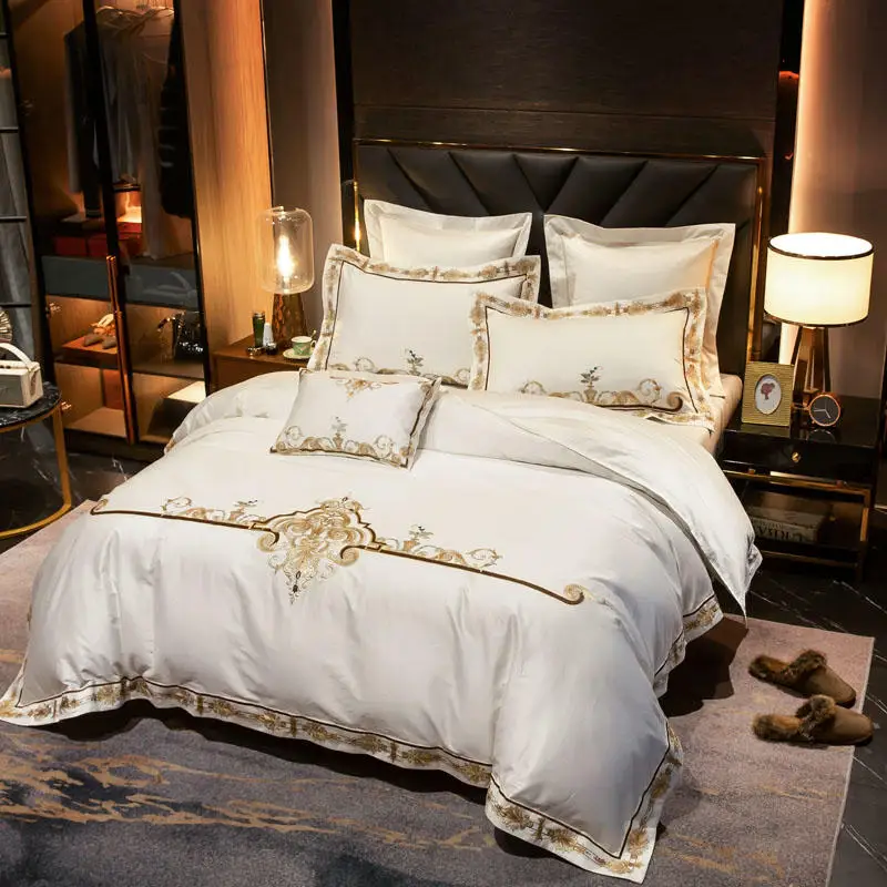 

New 100S Egyptian Cotton Luxury King Queen Size Bed Sheet Set Bedlinen Embroidery Gifts Wedding Duvet Cover