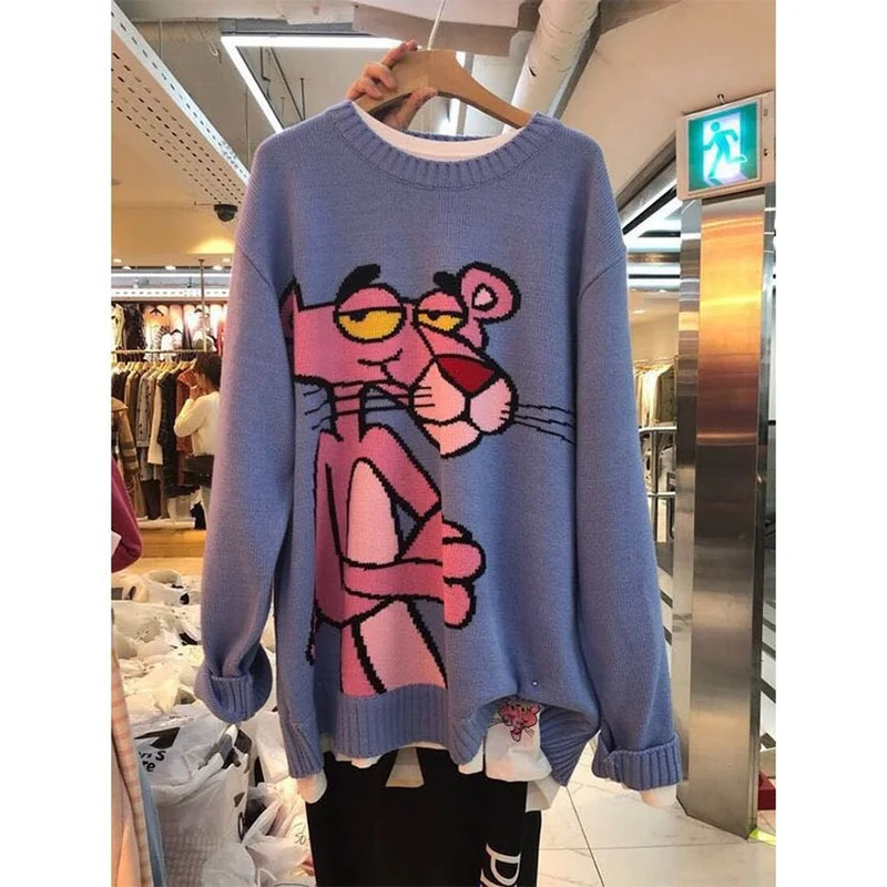 

2021 Spring Korean New Cartoon Sweater Women Loose Leopard Round Neck Loose Casual Pullover Knitting Sweater Female Pink Tops