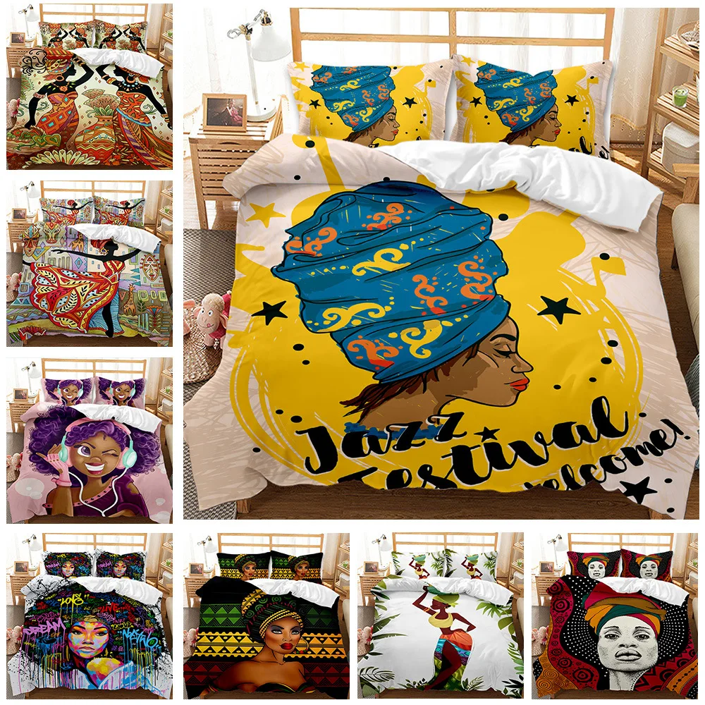 

African Black Duvet Cover Exotic Girl Style Quilt Cover Customizable 2/3 Piece 3d Printing Bedding Set with Matching Pillowcase