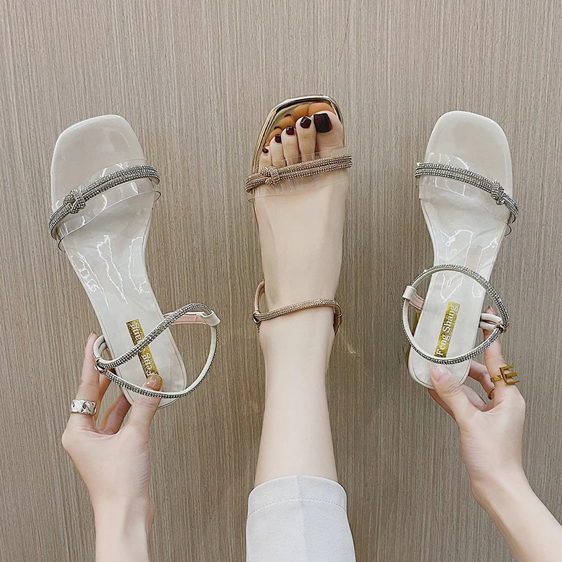 

Shoes Women Med Square heel Slippers Casual Pantofle Transparent Heel Slides Soft Block Luxury Summer 2021 Rome PU Fabric Scand