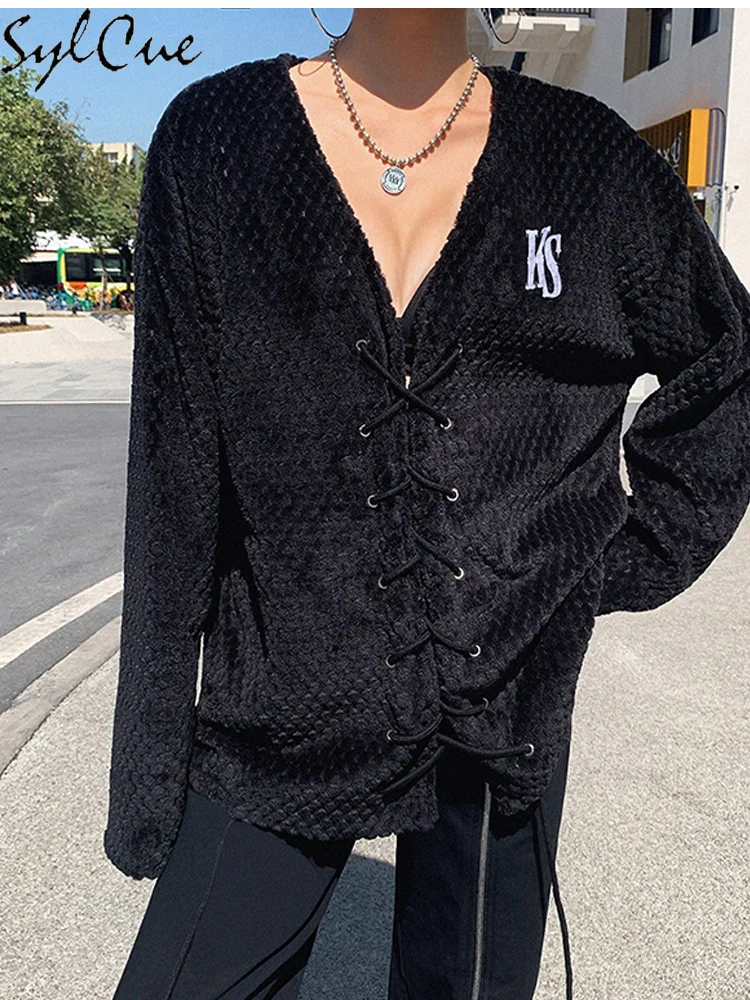 

Sylcue Lace-Up Cardigan Breathable And Versatile Commuter Fashion Solid Color Casual Loose Comfortable Women Knitted Jacket