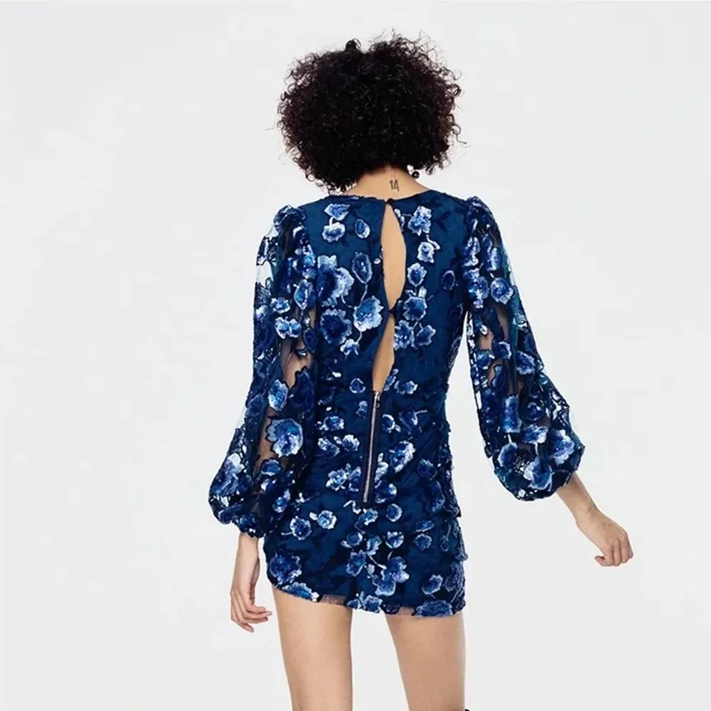

Latest Chic Floral Embroiodered Shiny Sequined Lantern Sleeve Vestido Loose Sexy Deep V Neck Mini Dresses for Women Spring