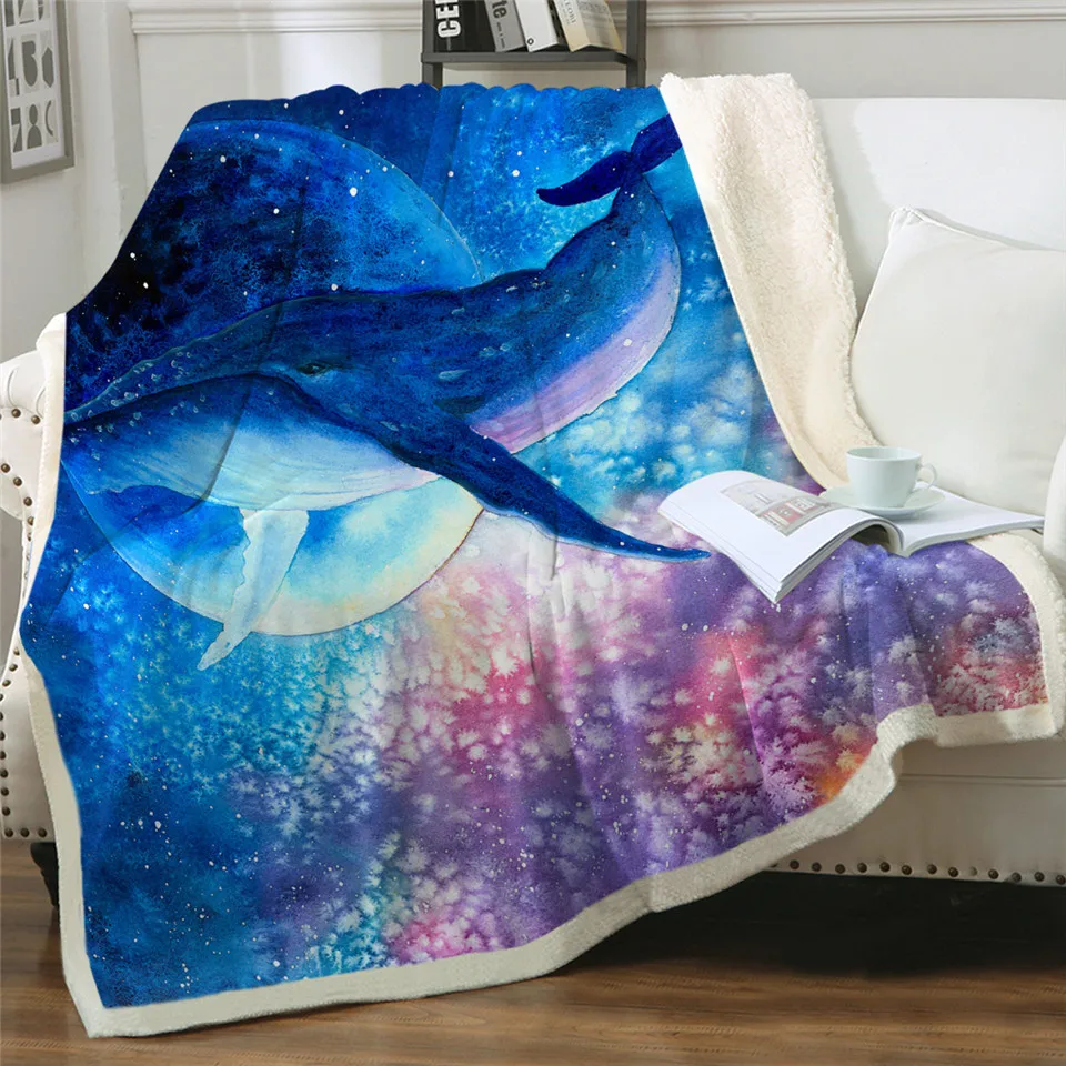 

New Psychedelic blanket animal whale Sherpa Blanket Blue Purple galactic bedding watercolor painting space moon Mantis