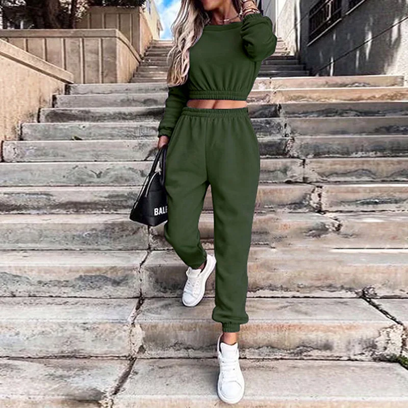 

Solid Casual Loose Women Pants 2 Pieces Set O-neck Crop Tops And Jogging Sweatpants Ladies Tracksuit Sportswear Fashion Outfits