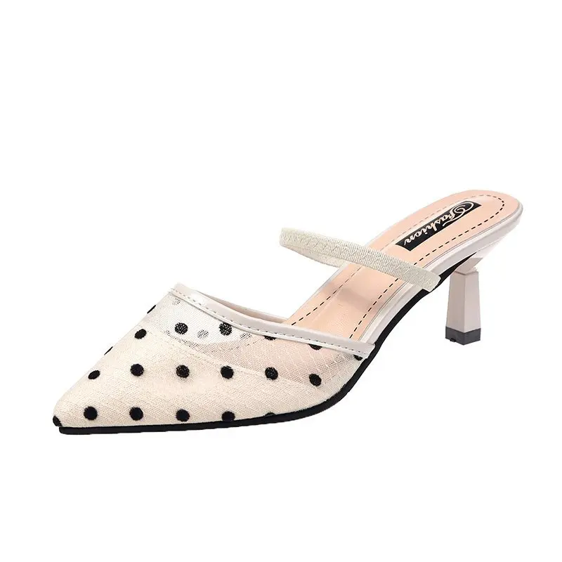 

New Baotou Half Slippers Summer Pointed-toe Net Yarn Stiletto Sandals Black White Wave Point Pumps High Heels Sexy Slippers