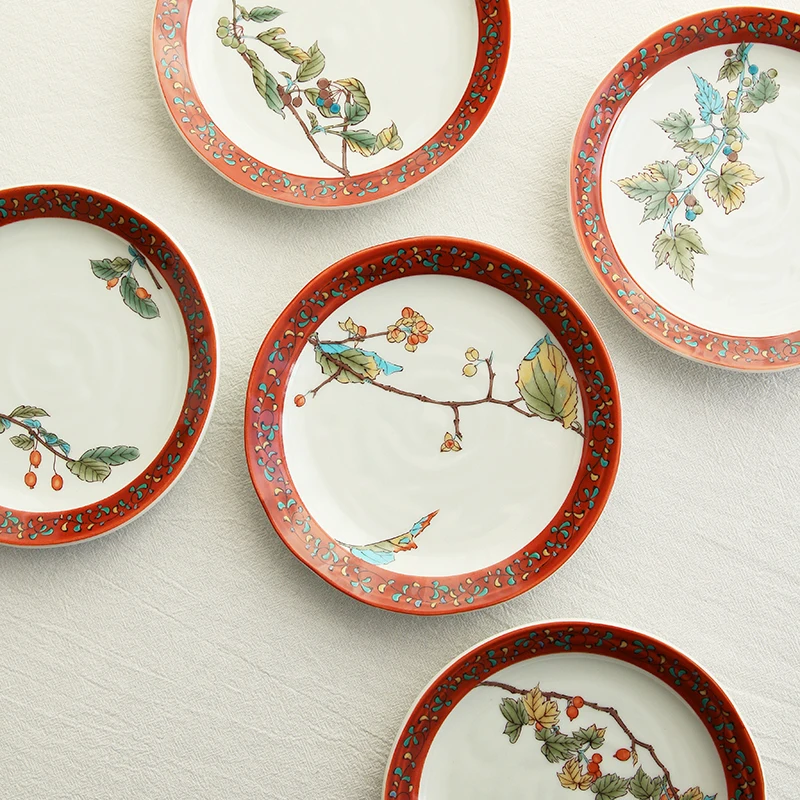 

Spot nine valley burn hand-painted plants imported from Japan Japanese flower disc plates tableware suit red plate