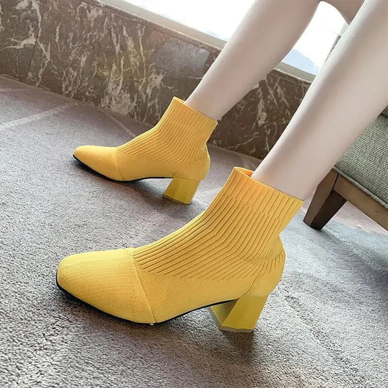 

Women Socks Boots High Heels Stretch Fabric Ladies Short Boots Female Ankle Boots Slip On Comfortable Fashion Shoes Square
