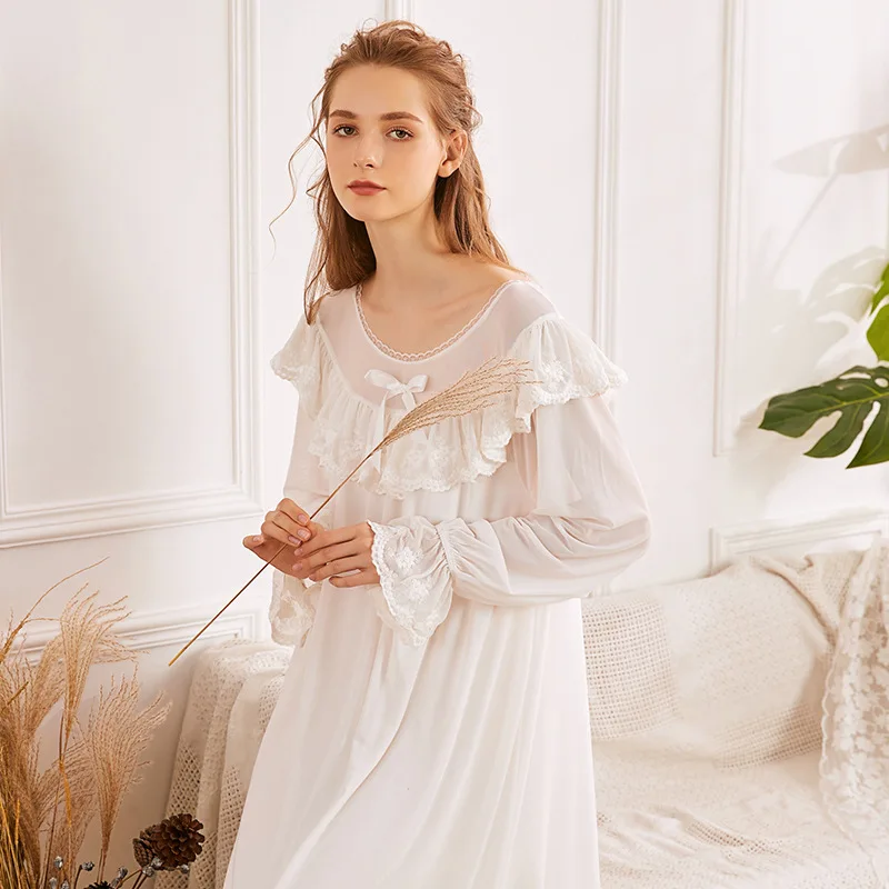 

Romantic Nightgown Women Long White Lace Peignoir Mesh Fairy Night Dress Victorian Vintage Princess Sleepwear Lolita Nightie