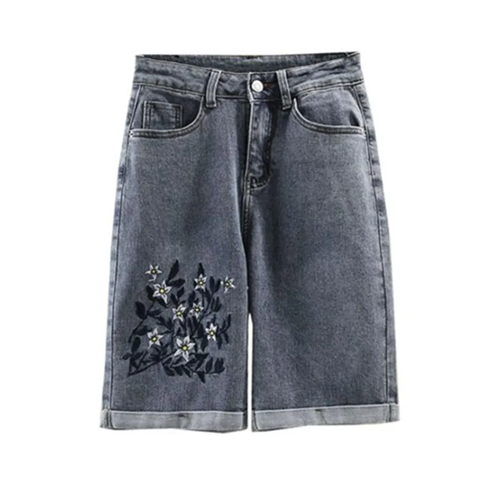 

Plus Size Flower Appliques Denim Shorts Women Fashion High Waisted Knee Length Jeans Short Pants Summer Bermuda Femme