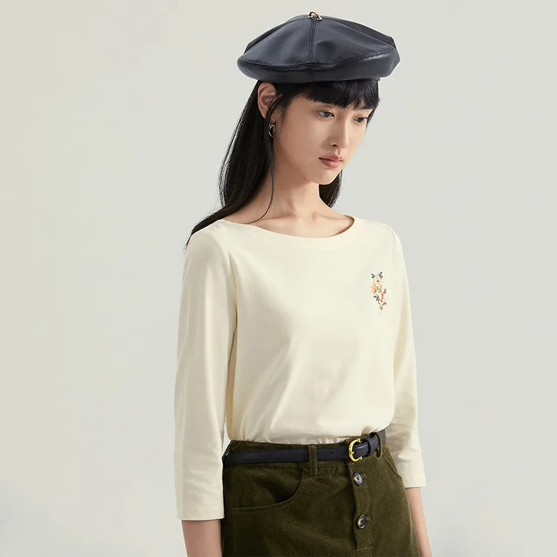 Женская футболка INMAN осенне-Весенняя простая с вышивкой в виде цветов и круглым