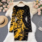 Осенне-зимнее женское вязаное платье-свитер YuooMuoo, новинка 2021, фирменное платье с длинным рукавом и принтом Тигра для офиса, женское платье для работы, платья