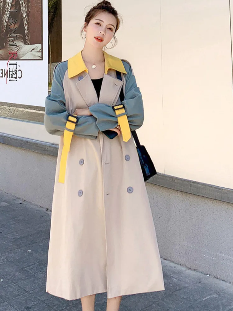 

LANMREM 2022 New Women Spring Autumn Lapel Patchwork Color Contrast Trench Adjustable Waist Female Mid-length Windbreaker 2J389