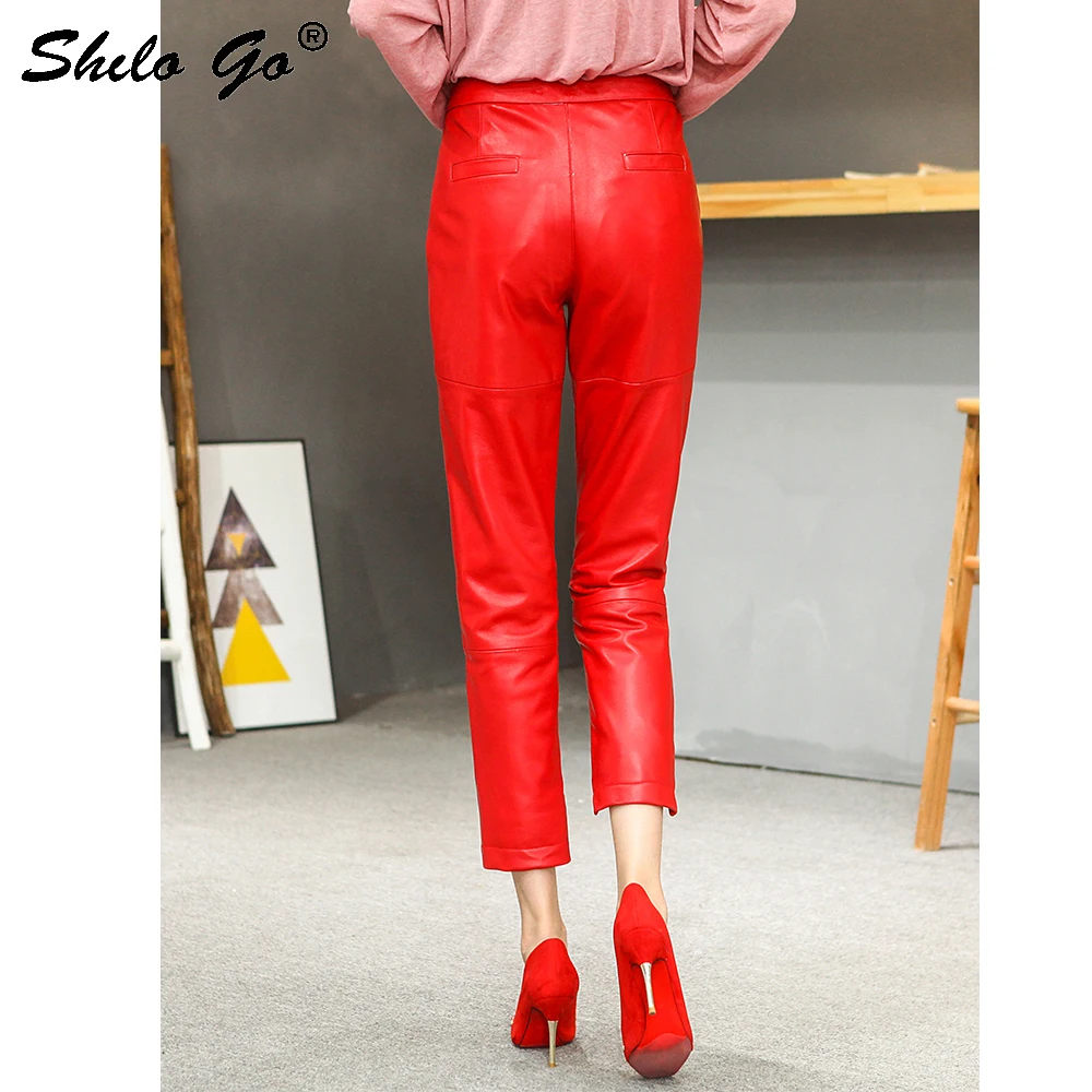 

Minimalist Solid Pencil Pants Womens Winter High Waist Genuine Leather Pants Office Ladies Woker Wear Sheepskin Trousers Female
