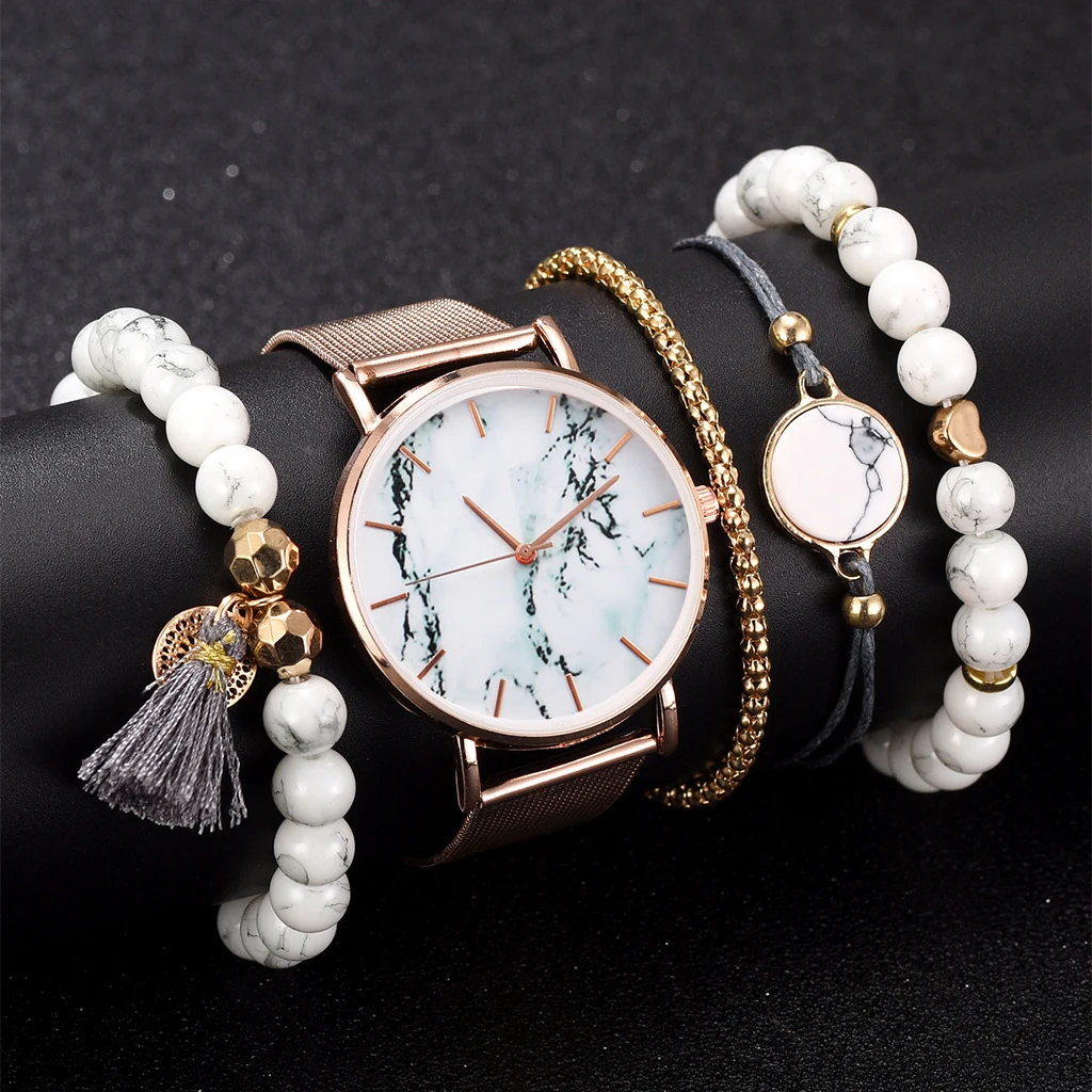 Часы женские кварцевые с металлической сеткой повседневные наручные мраморным