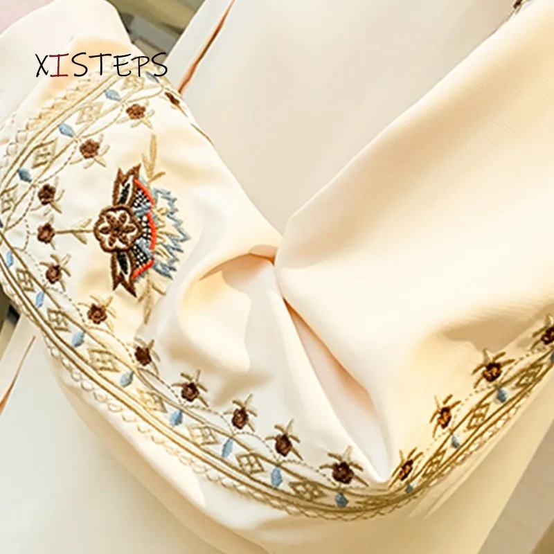 

Embroidered Women Shirt High Quality Female Elegant Blouses Ladies Work Wear Shirts White Beige Floral Clothings Chiffon Tops