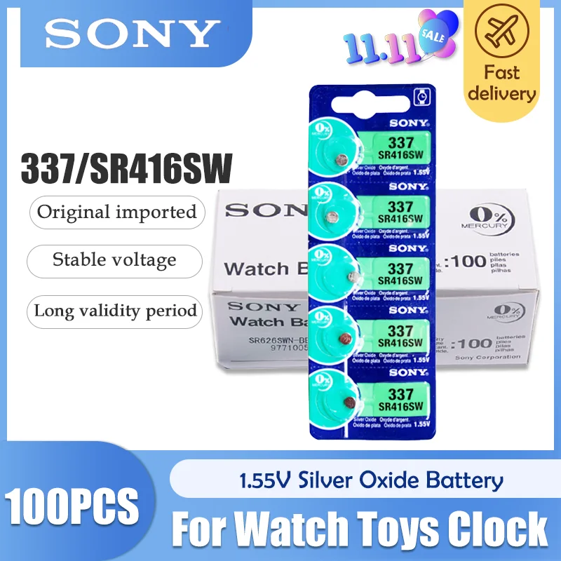 Аккумулятор для часов Sony 100 шт./лот 1 55 в 337 SR416SW с оксидом серебра Кнопочная монета