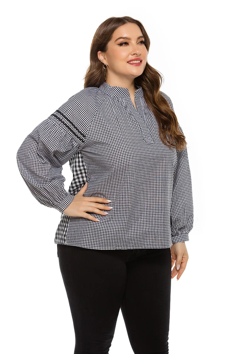 DOIB Plus Size Blouse Black White Plaid Shirt V Neck Patchwork Large Size Blouse Office Lady Elegent Oversize Shirt 2XL 3XL 4XL
