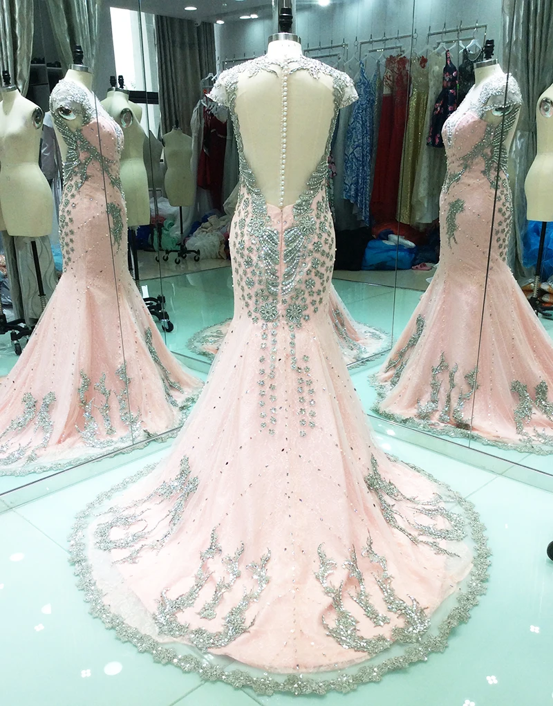 Роскошное розовое длинное вечернее платье с юбкой-годе 2020 кружевные бусины