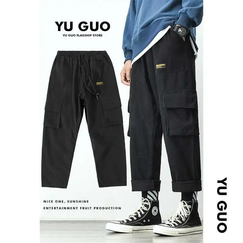 

Men's Cargo Pants Students Male Loose Straight Drawstring Korean Fashion 2020 New Casual Trousers Man Sports Pants Wide Leg Pant