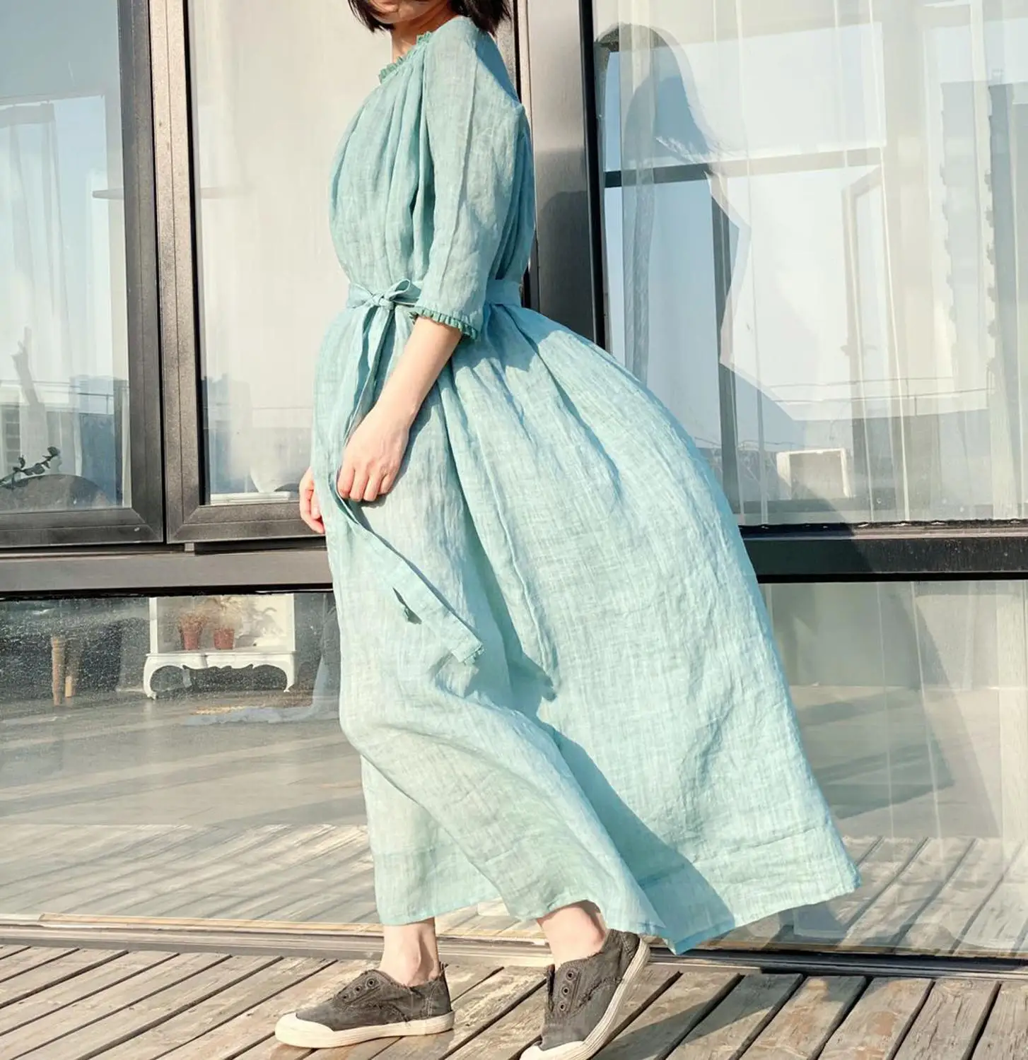 

Cotton Linen Lace Up Vintage Dresses Women Solid Loose Belt A Line Elegant Maxi Dress Female 2020 Autumn Fashion Ladies Vestidos