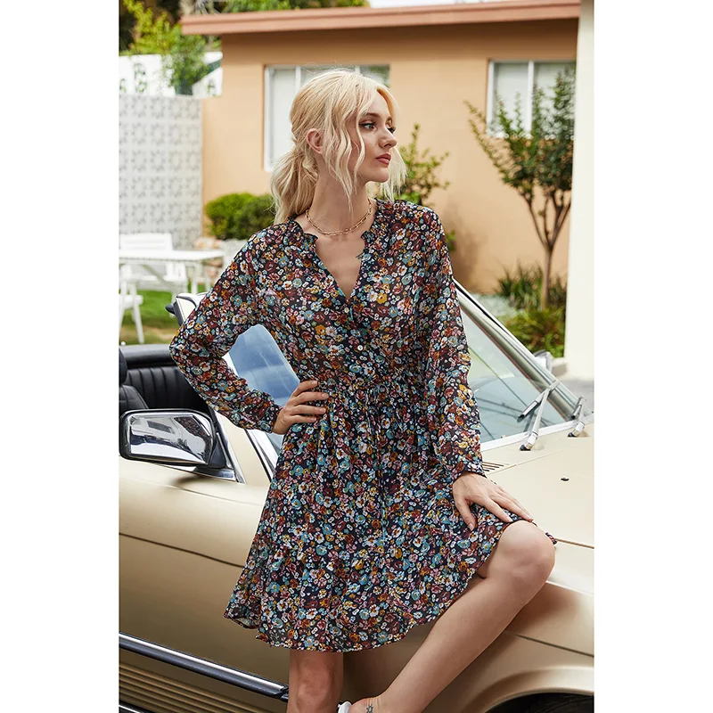 

Spring and summer temperament lace printed lantern sleeve round neck chiffon dress