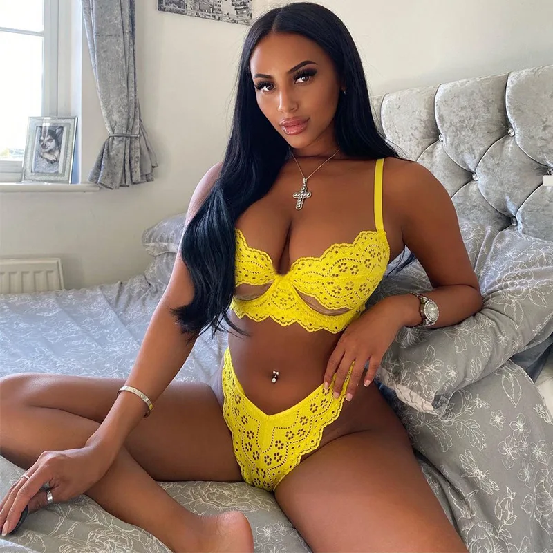

2-Piece Lace Bra Set Women Cut Out Bra Underwire + Panty Underwear Set Ladies Solid Sexy Lingerie Set