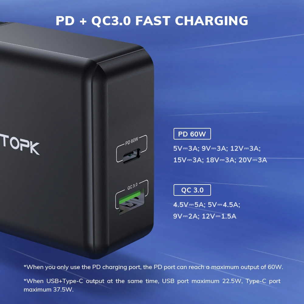 TOPK 60W USB зарядное устройство Quick Charge 3 0 Type C PD для iPhone Samsung iPad Pro Macbook настенное