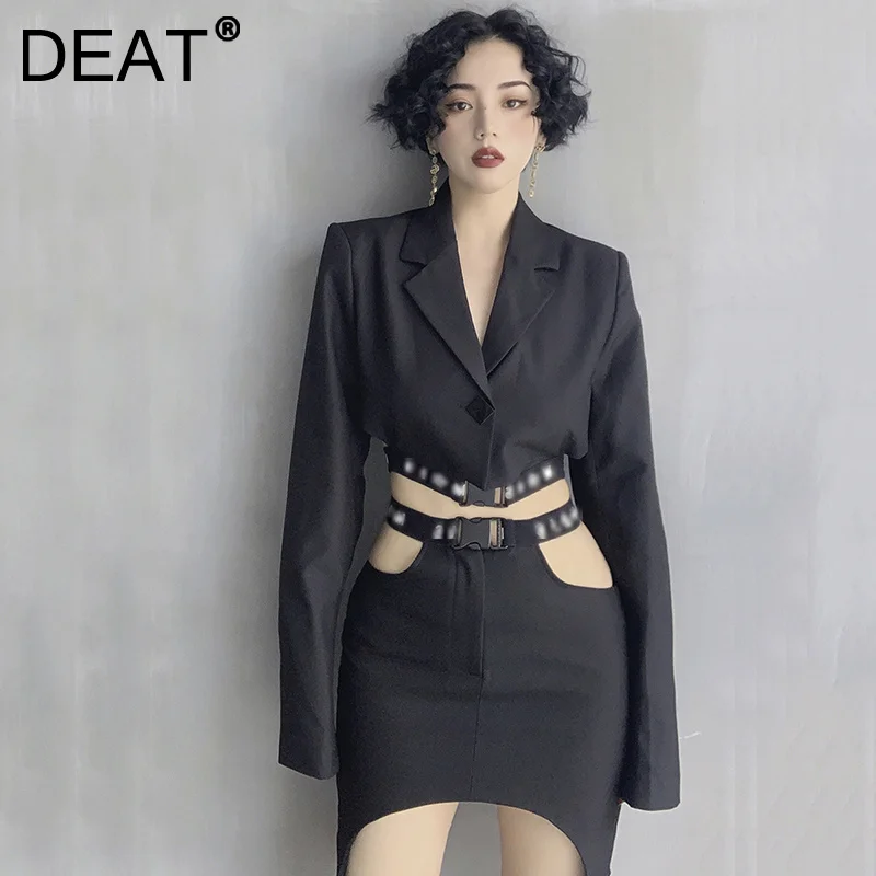 

Женский костюм-двойка с юбкой DEAT, асимметричный костюм с длинными рукавами и вырезами, мини-юбка с высокой талией, весна-осень 2021