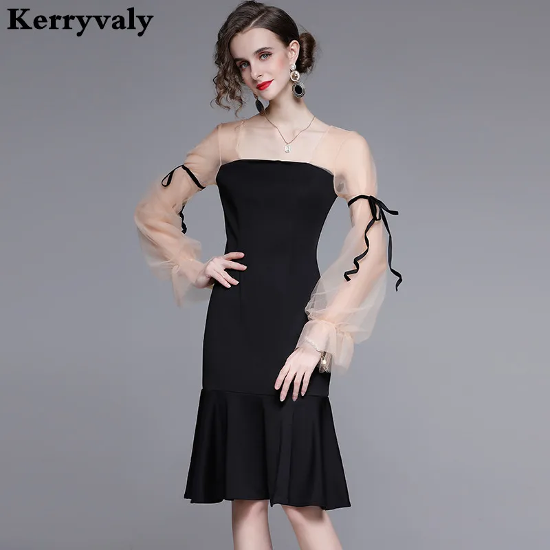 

Spring 2021 Small Fragrance Sexy Mesh Bandage Dress Female Lantern Sleeve Stitching Fishtail Midi Birthday Dress for Women K8101