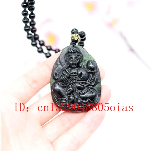 Природный черный зеленый нефрит обсидиан Гуаньинь кулон бусины ожерелье